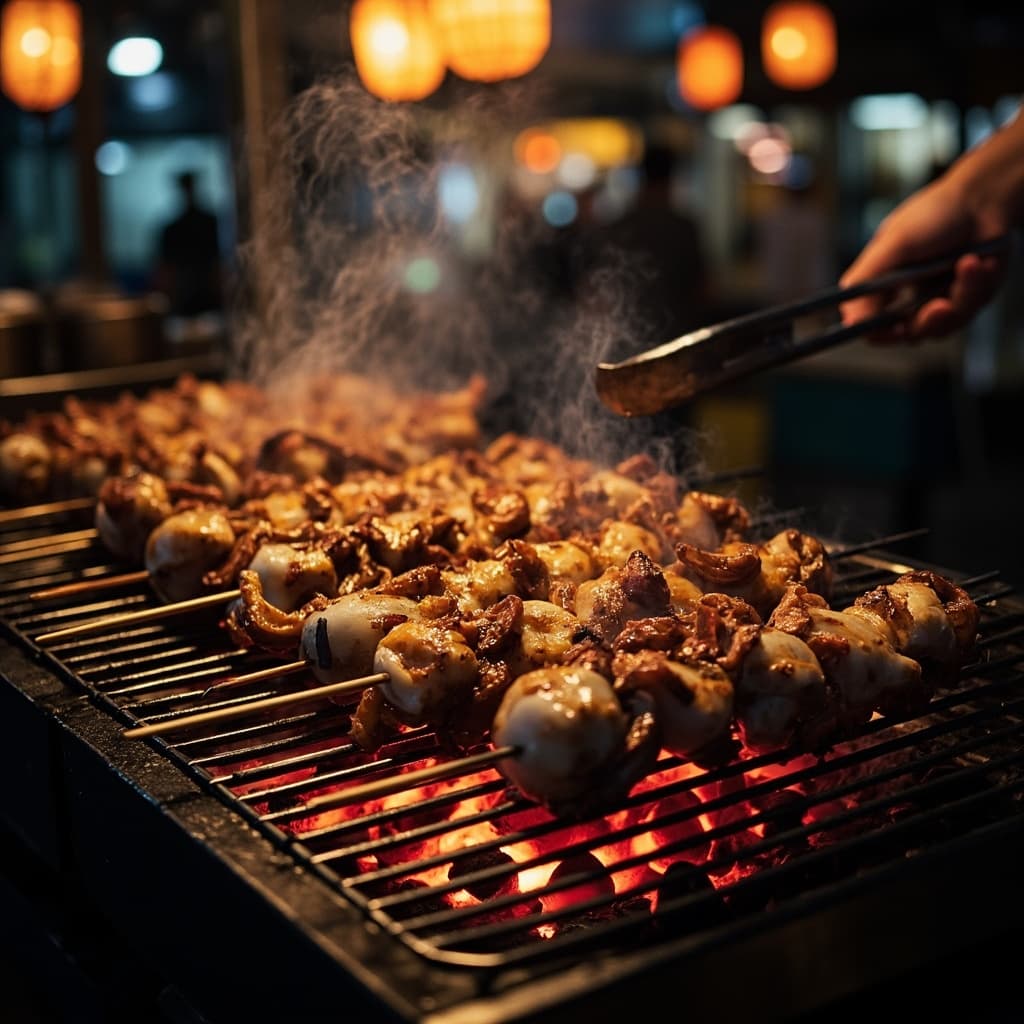 Grilled Squid Skewers Over Charcoal at Taiwanese Market