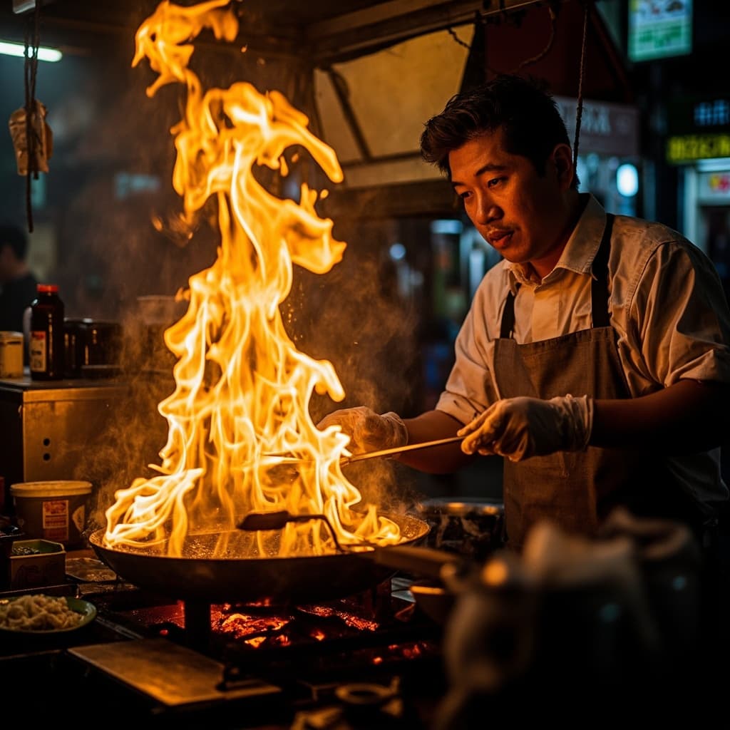 Night Market Vendor Cooking with Wok Flame