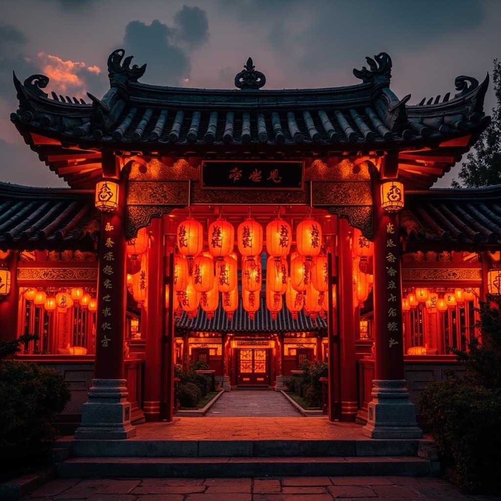 Red Lanterns at Traditional Taoist Temple Entrance