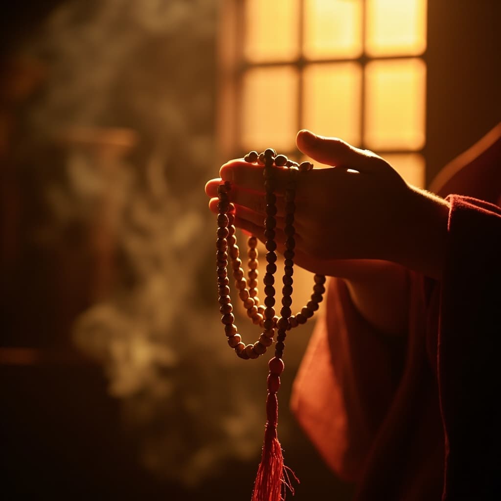Buddhist Prayer Beads with Hands in Meditation
