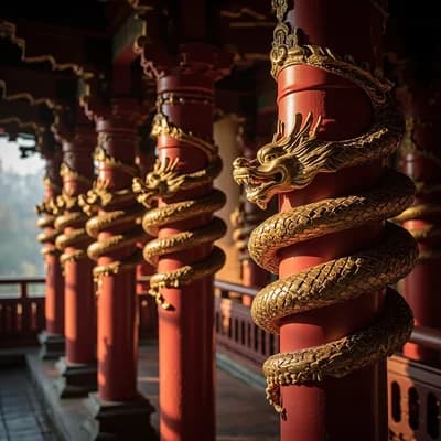 Dragon Carvings on Temple Pillars Taiwan