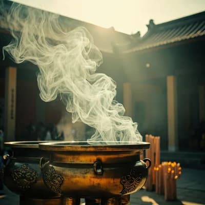 Incense Burner with Spiraling Smoke at Temple