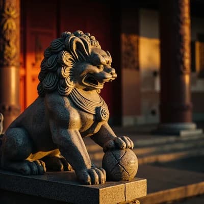 Stone Lion Guardian at Temple Gate