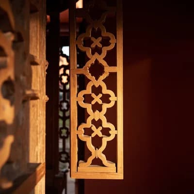 Traditional Wooden Window Lattice at Temple